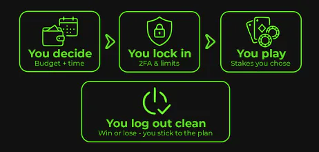 Infographic: plan your budget and time, secure your account, play within your limits, then log out on plan.